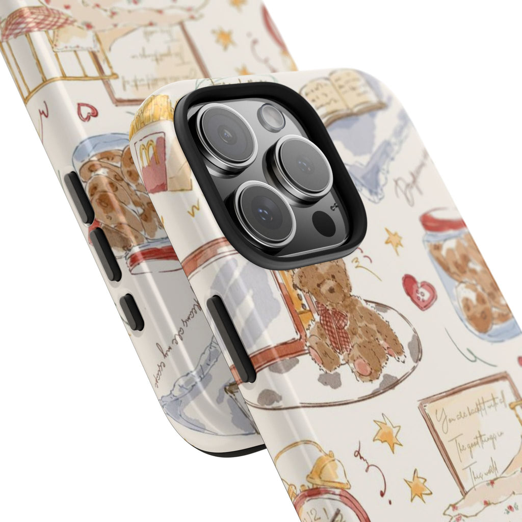 Phone case close-up with teddy bear, stars, hearts, and jar motif over light background
