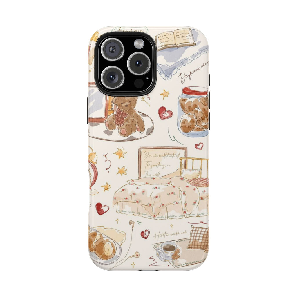 Phone case with whimsical teddy bear, stars, hearts, jars, and bed illustration