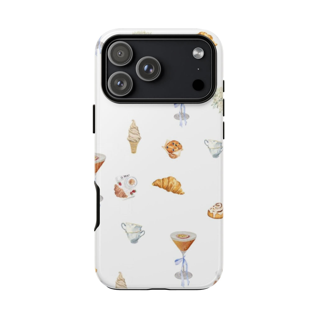 White dessert-illustrated phone case with camera bump cutout and protective clear corners