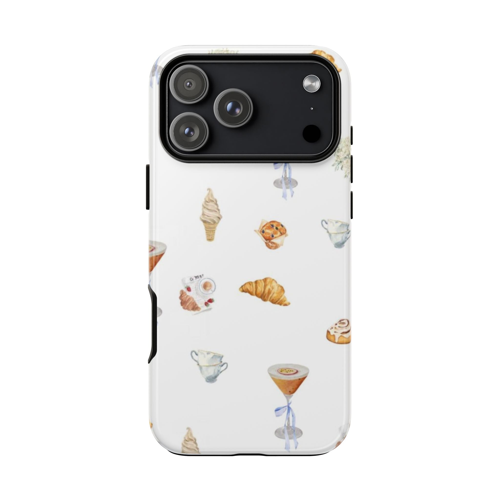 White dessert-illustrated phone case with camera bump cutout and protective clear corners
