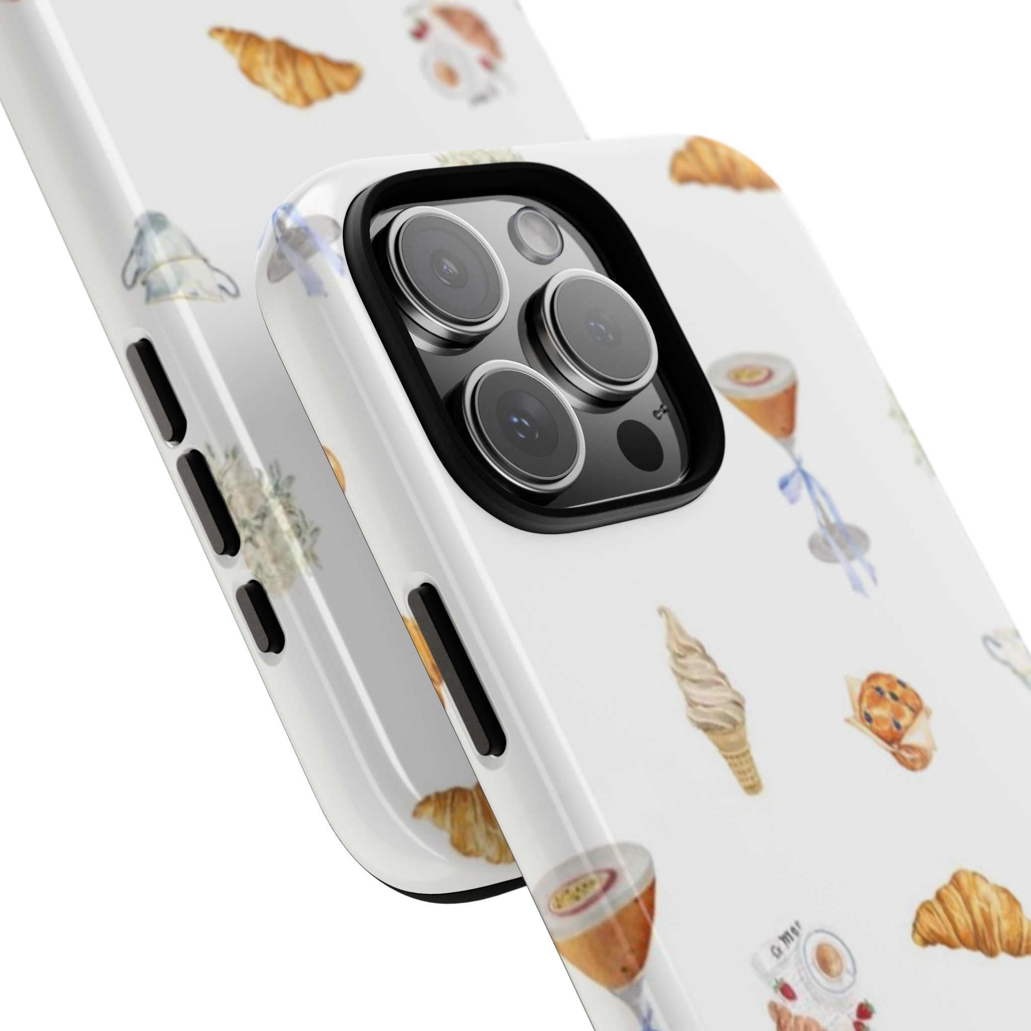 Dessert-pattern phone case with camera lens cutout, shown at an angled side view