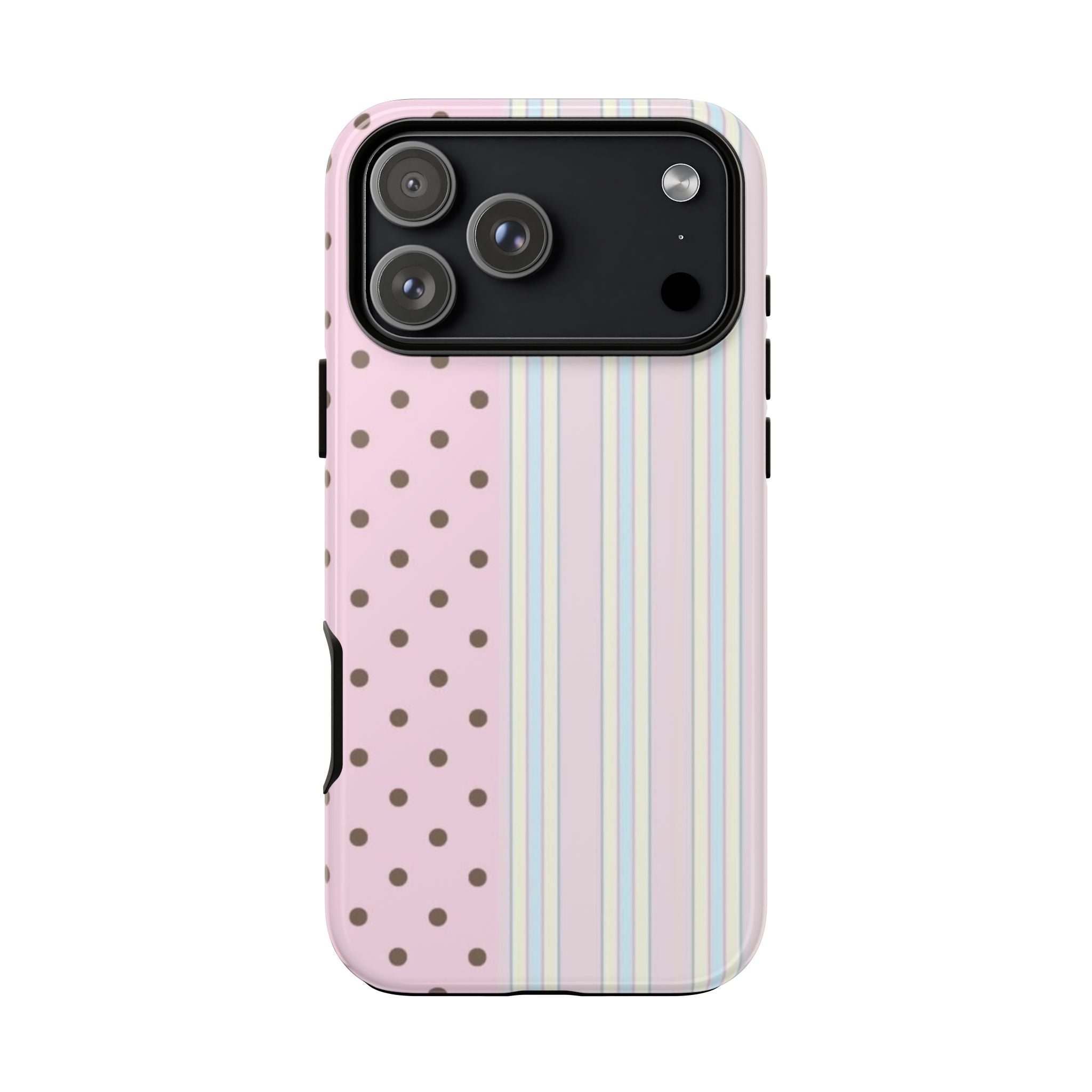 Pink dots with pastel stripes phone case, black camera module with lens cutouts