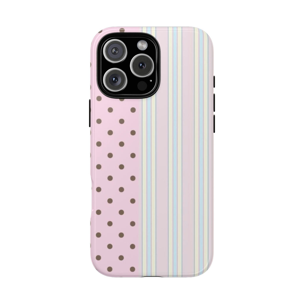 Pink phone case with brown dots & pastel vertical stripes, triple camera cutout