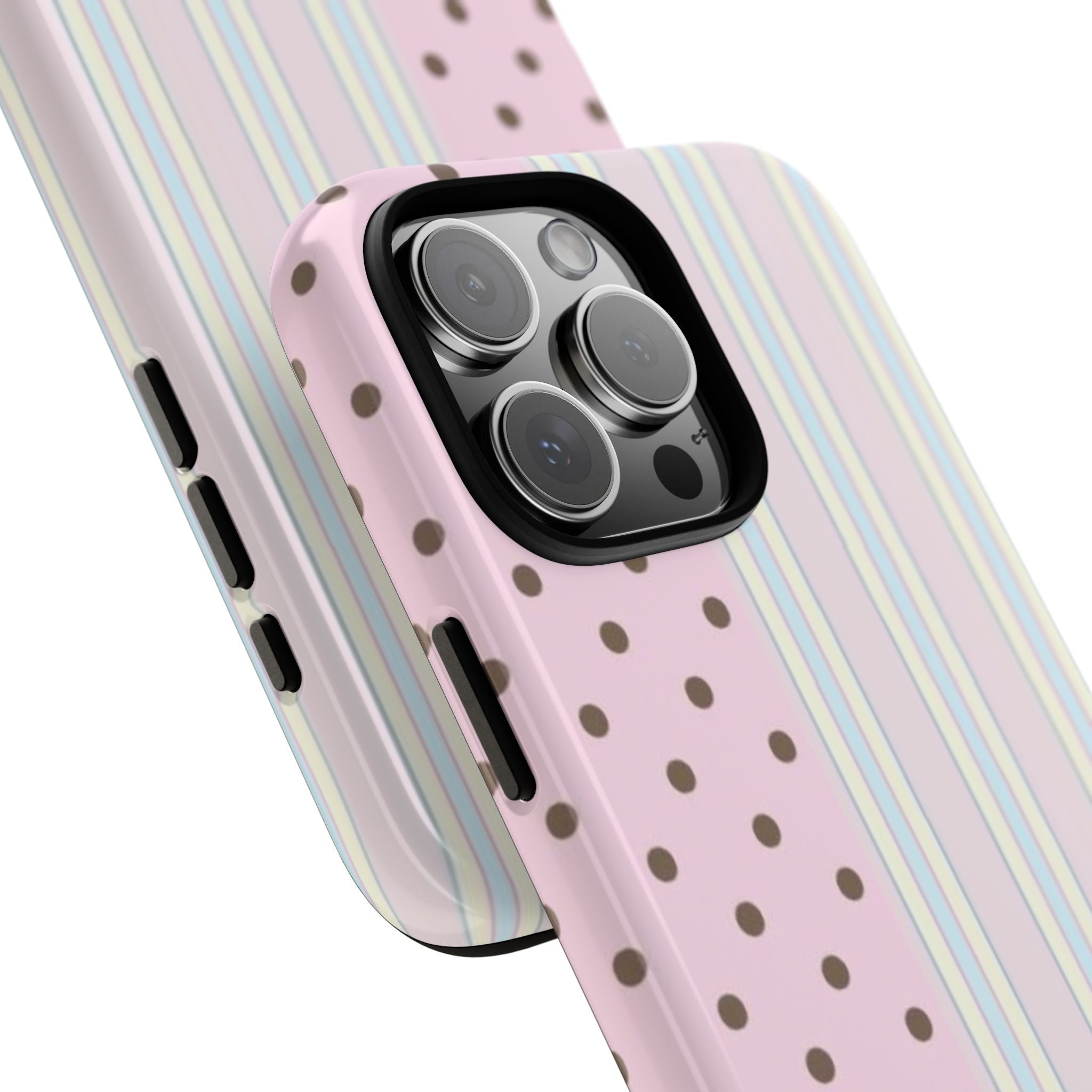 Angled pink phone case with brown dots and pastel stripes, raised triple camera lenses