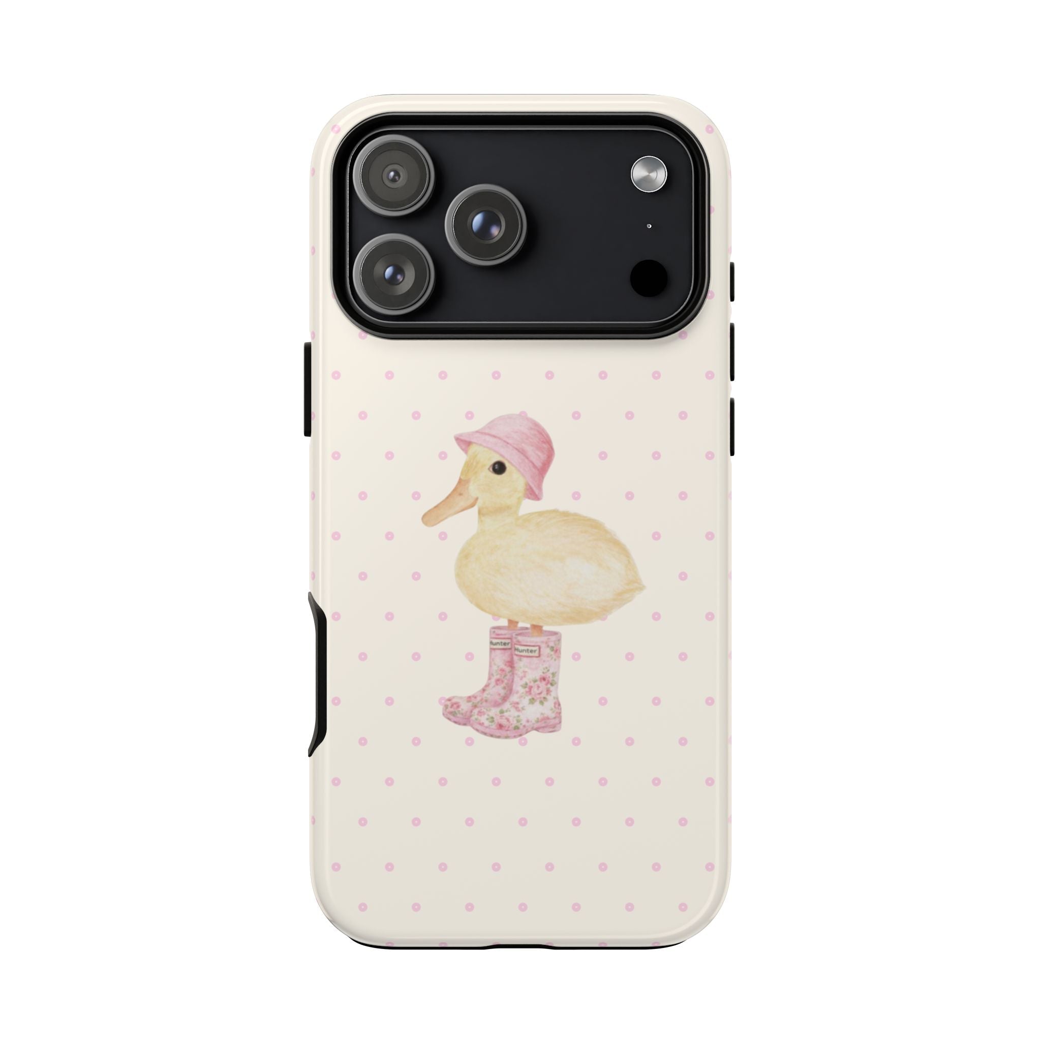 Cream phone case with pink dot pattern and duck graphic, rear camera module visible