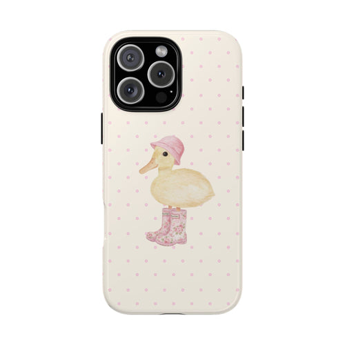 Cream phone case with pink polka dots and duck in floral outfit, camera cutout