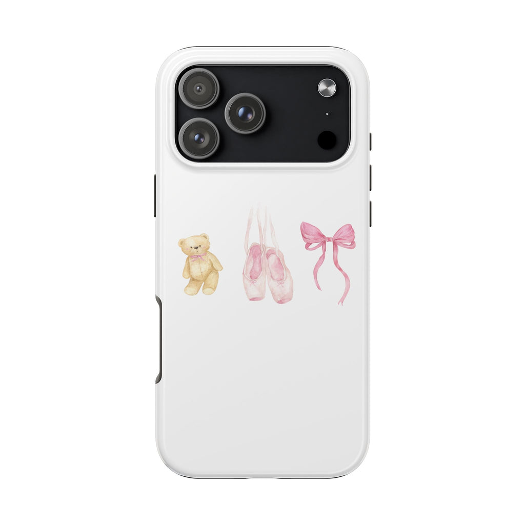 White phone case with ballerina print; camera cutout with protective raised edges