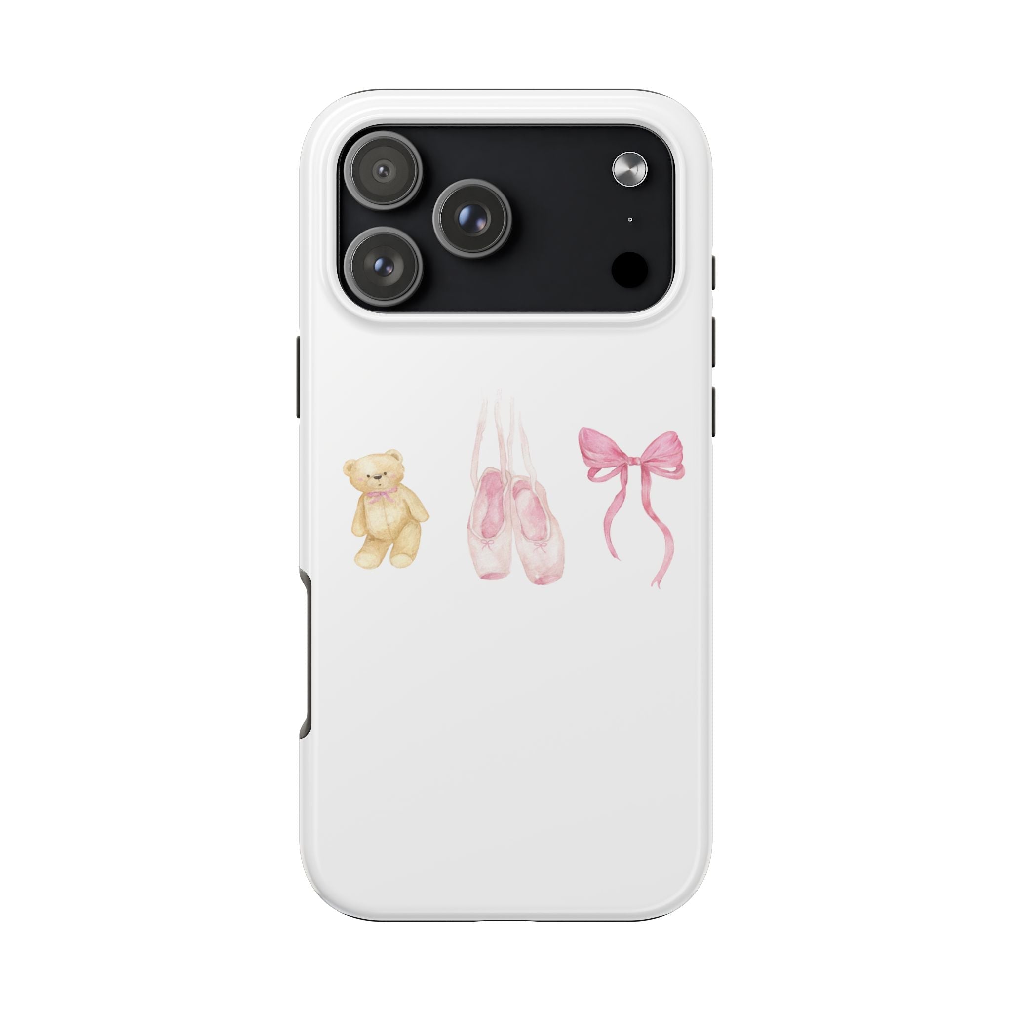 White phone case with ballerina print; camera cutout with protective raised edges