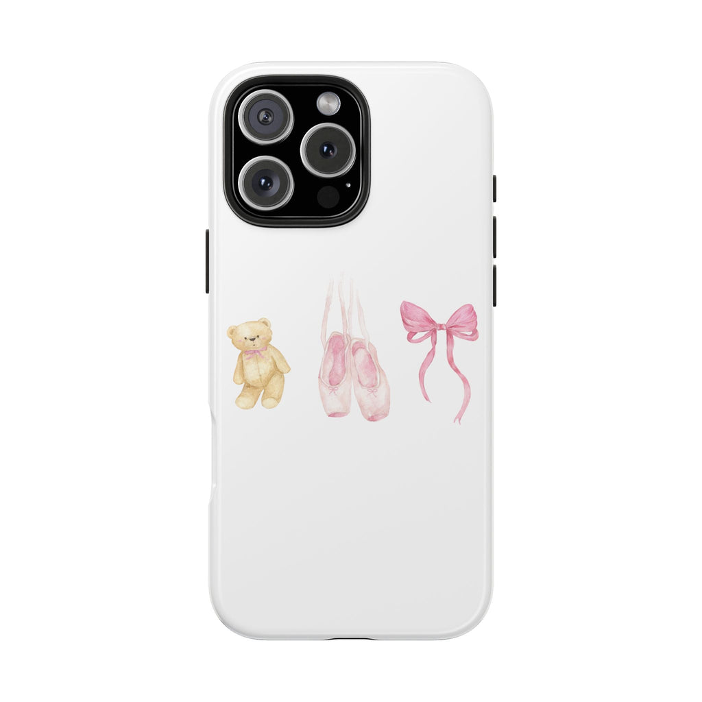 White phone case with teddy bear, pink ballet shoes and bow; raised camera cutout