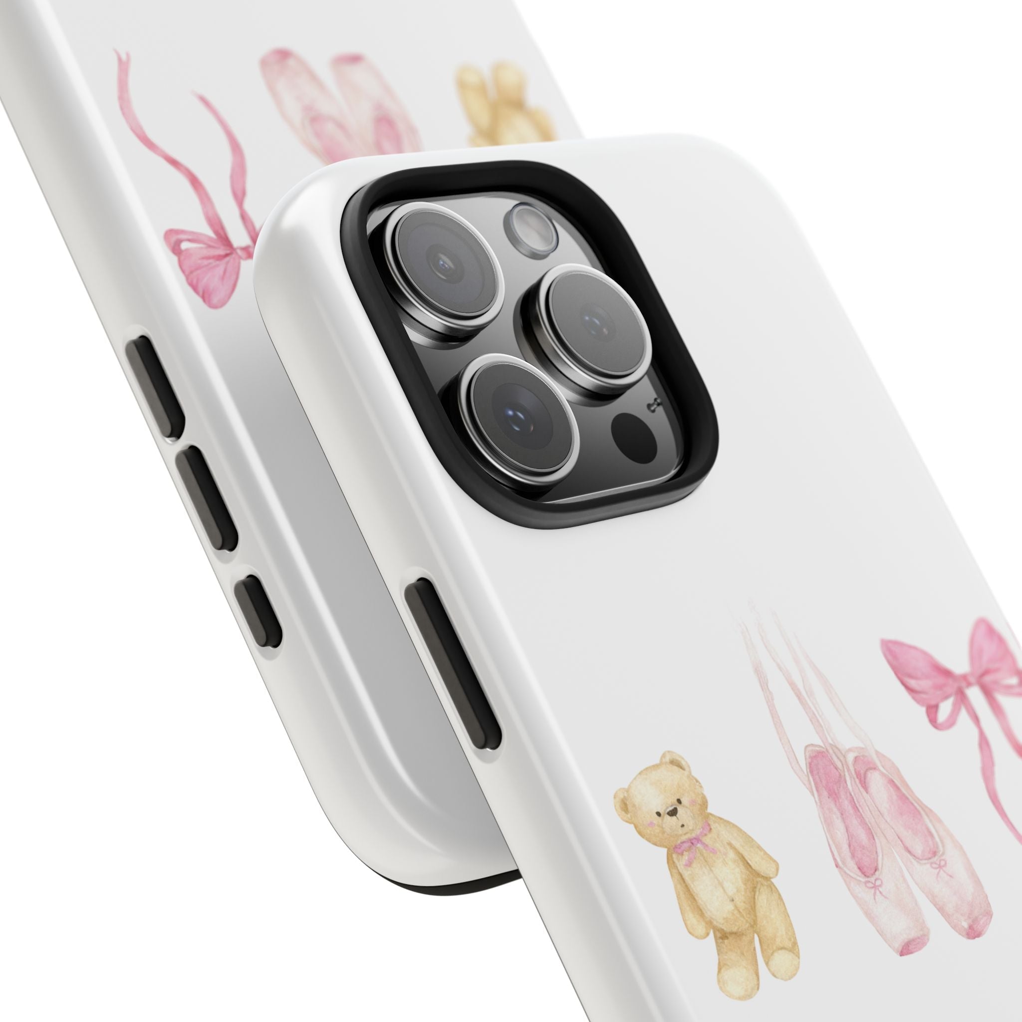 Angle view of white phone case with teddy bear and pink ballet shoes; side cutouts