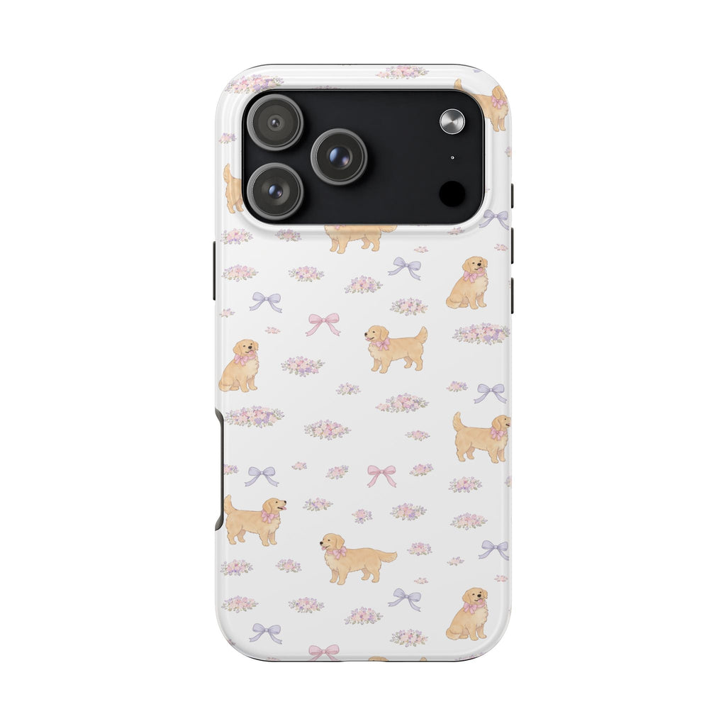 Back view phone case with repeating golden retrievers, pink floral bows, clear sides