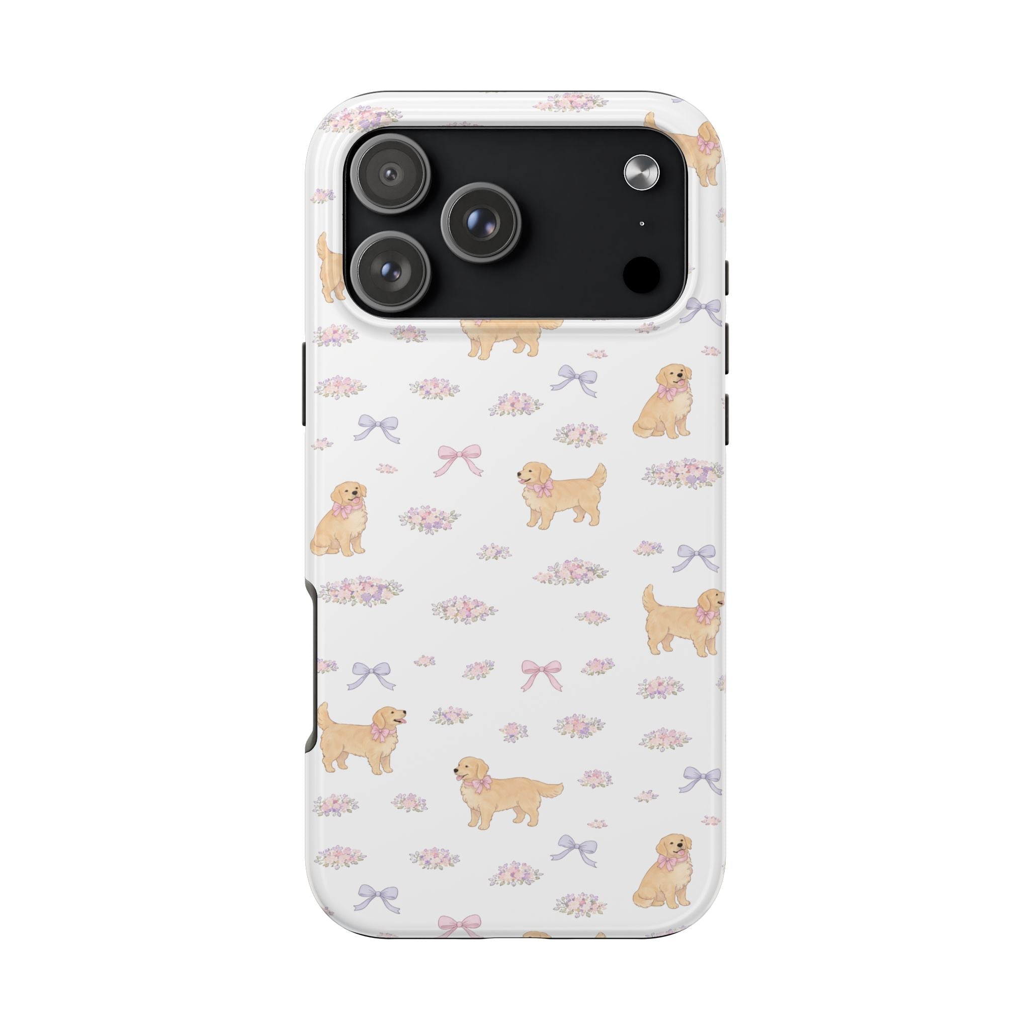 Back view phone case with repeating golden retrievers, pink floral bows, clear sides