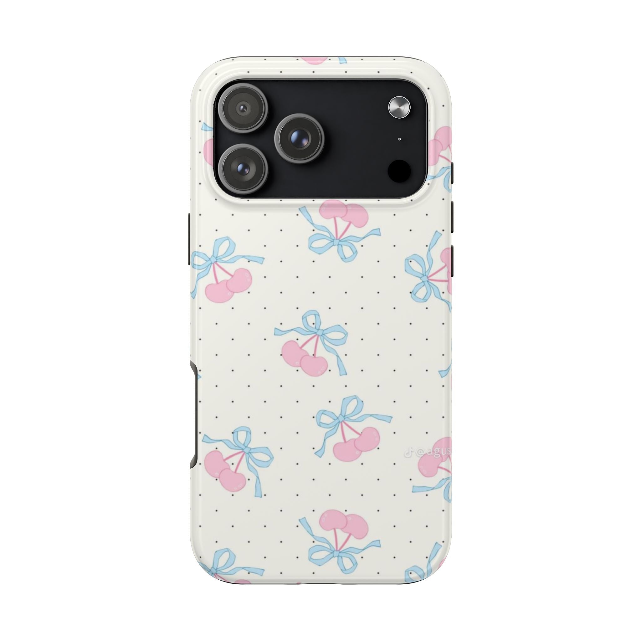 White phone case with pink cherries and blue bows over black polka dots; triple-lens cutout