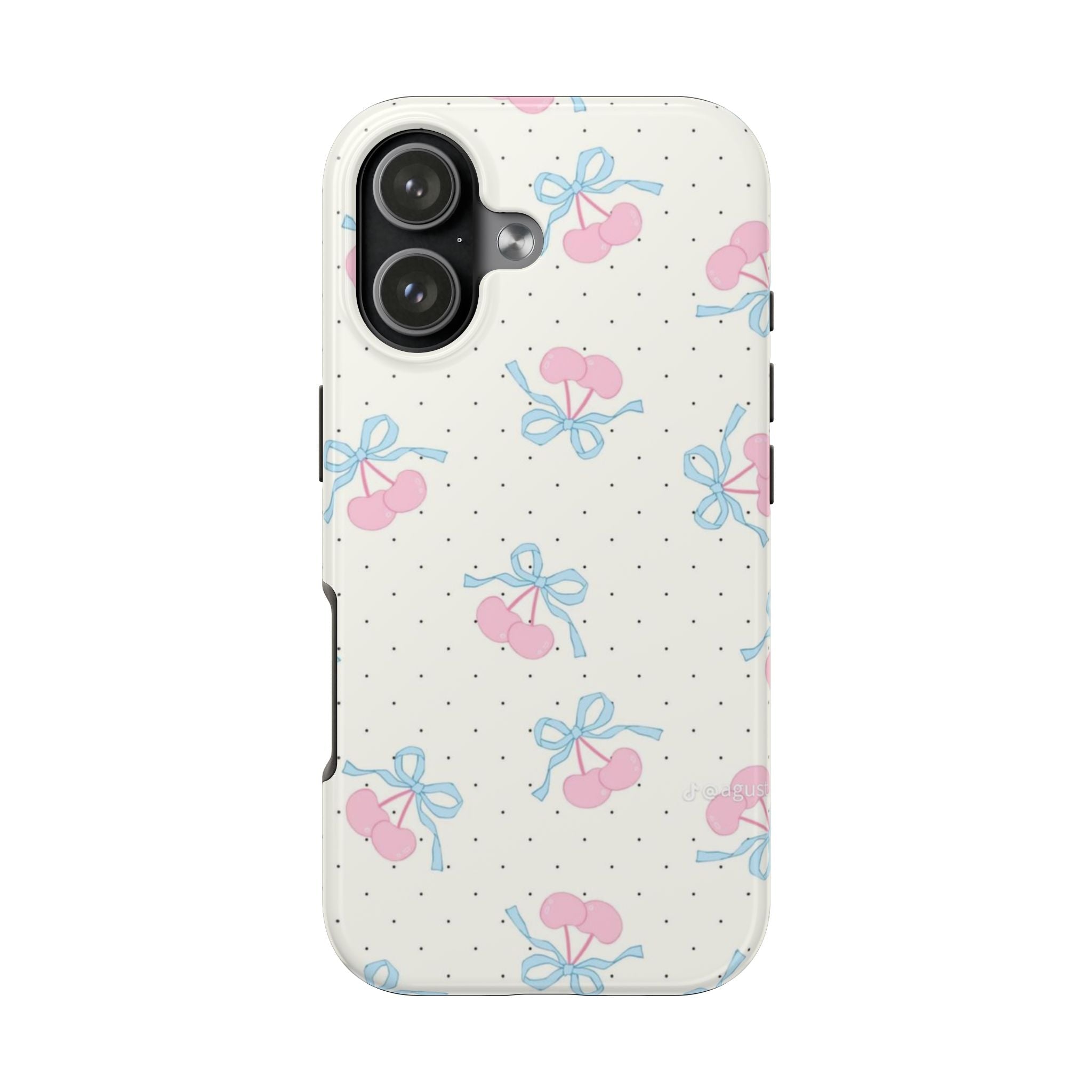White phone case with pink cherries, blue bows, and tiny black polka dots pattern