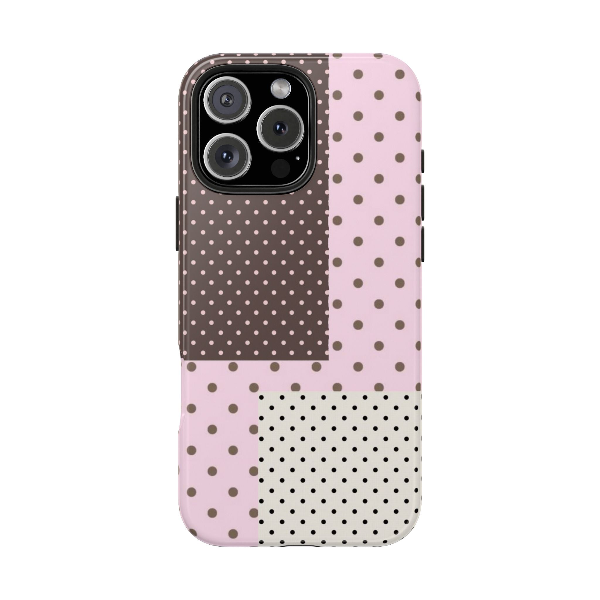 Lilac patchwork polka dot phone case with centered camera module cutout