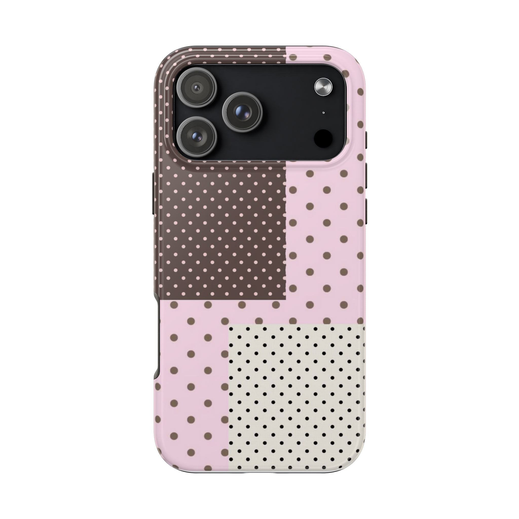 Pink polka dot collage phone case with black cutout and camera openings