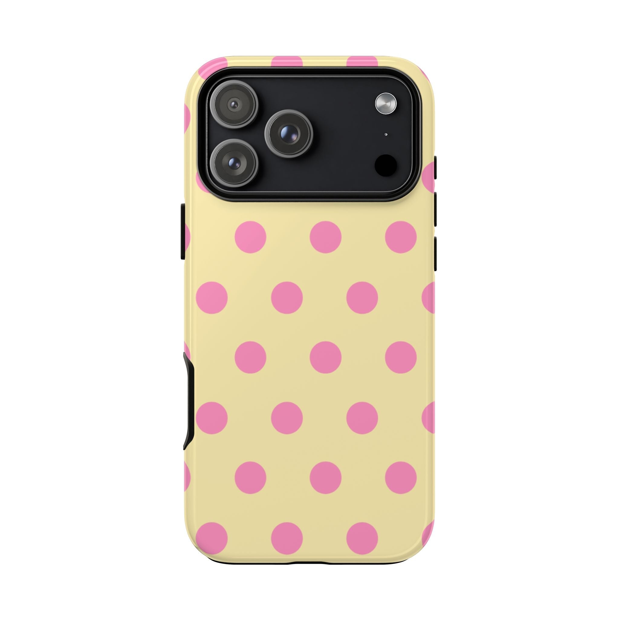 Cream polka-dot phone case with pink dots and black camera panel