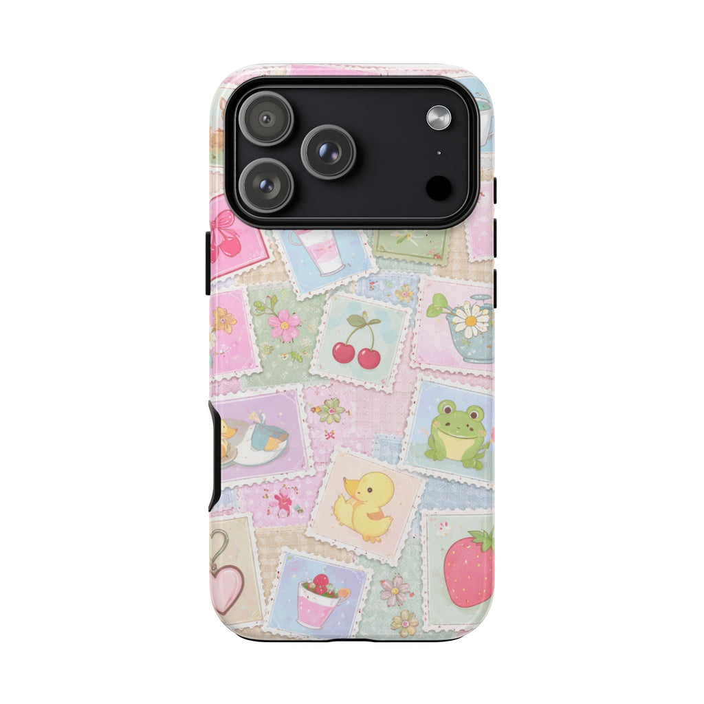 Pastel patchwork phone case back view with cute animals, hearts and flowers