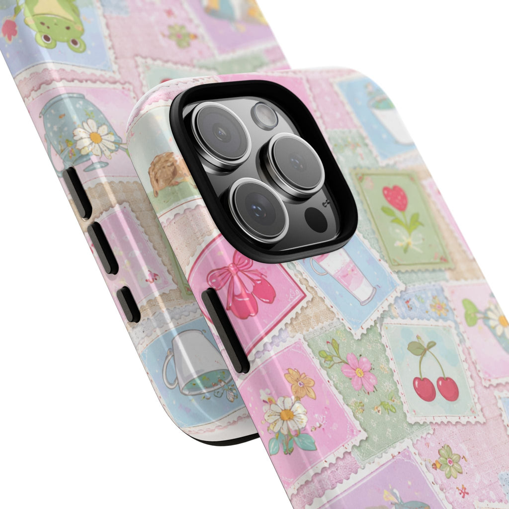 Pastel patchwork phone case, angled view; raised triple camera and side cutouts