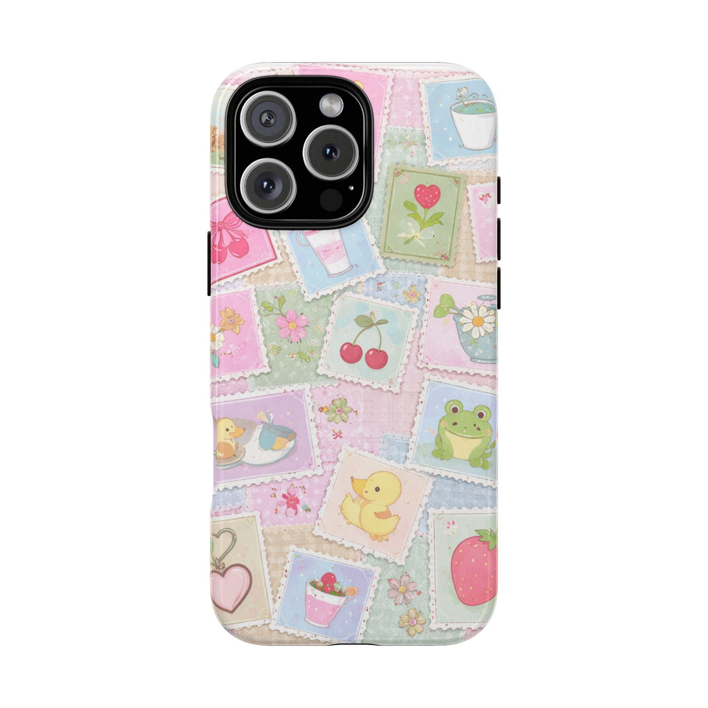 Pastel patchwork phone case with cute animals, hearts, flowers; raised camera cutout