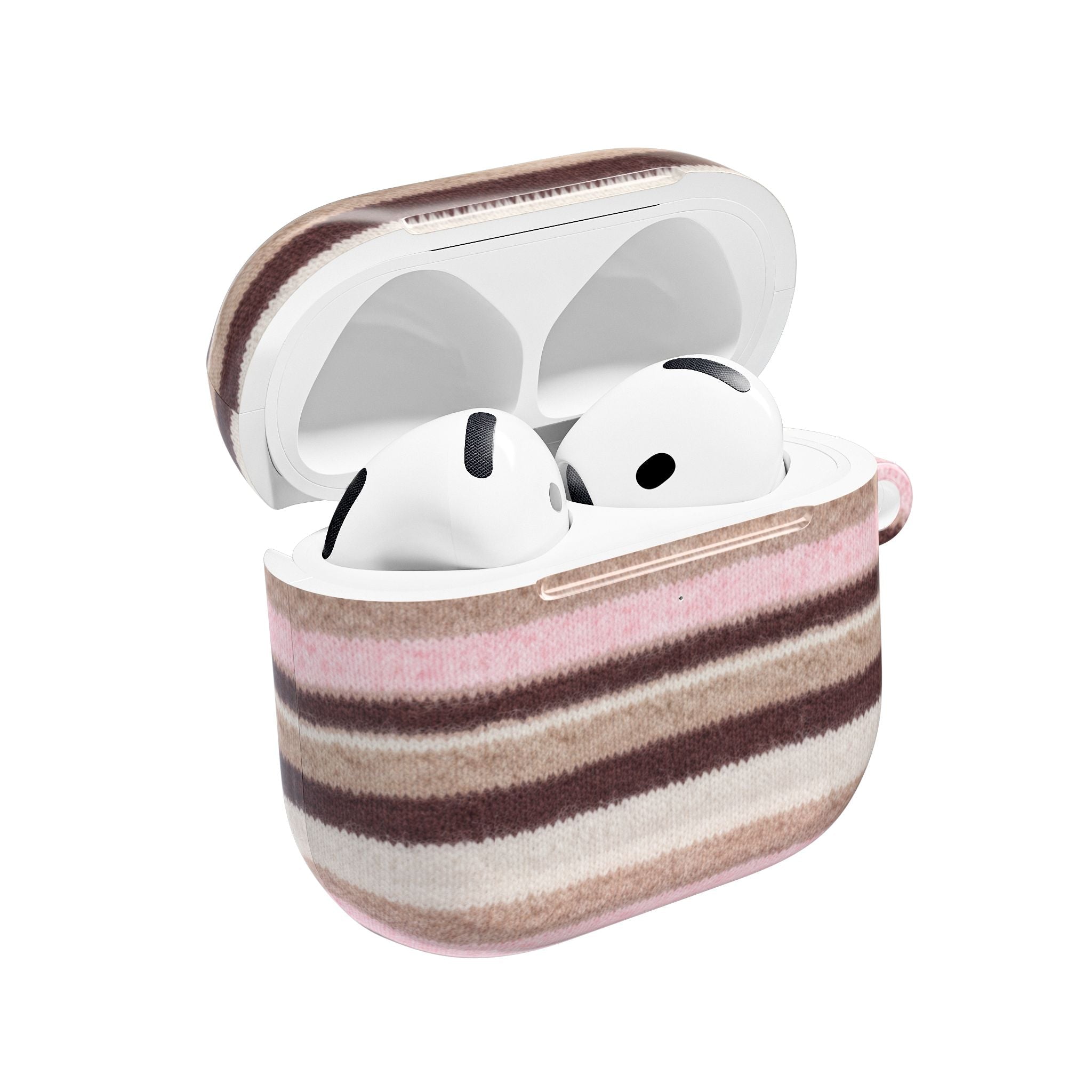 Stripe AirPods case in pink, tan, and dark brown; lid open with earbuds inside