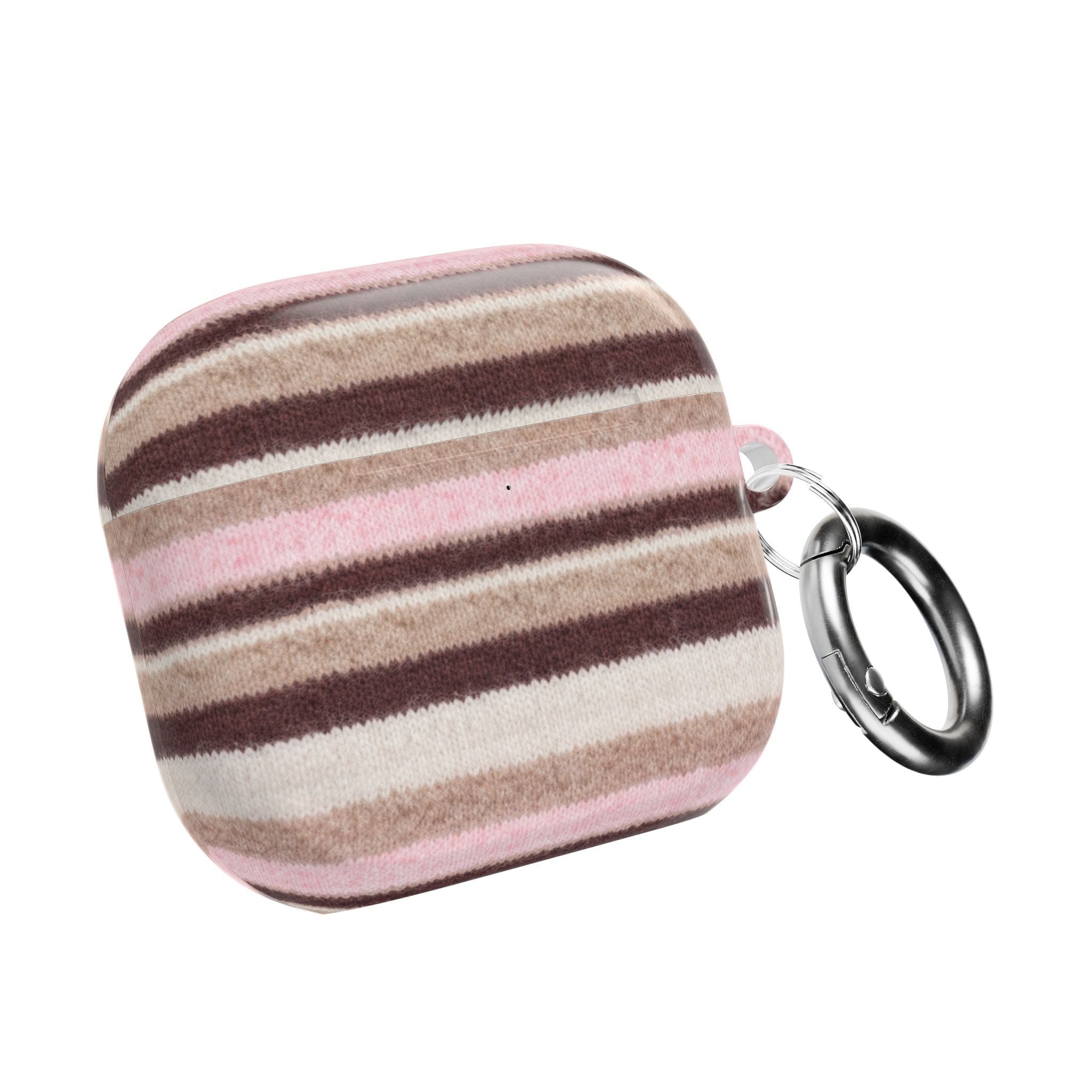 Pink and tan striped AirPods case with dark brown bands; metal keyring attached