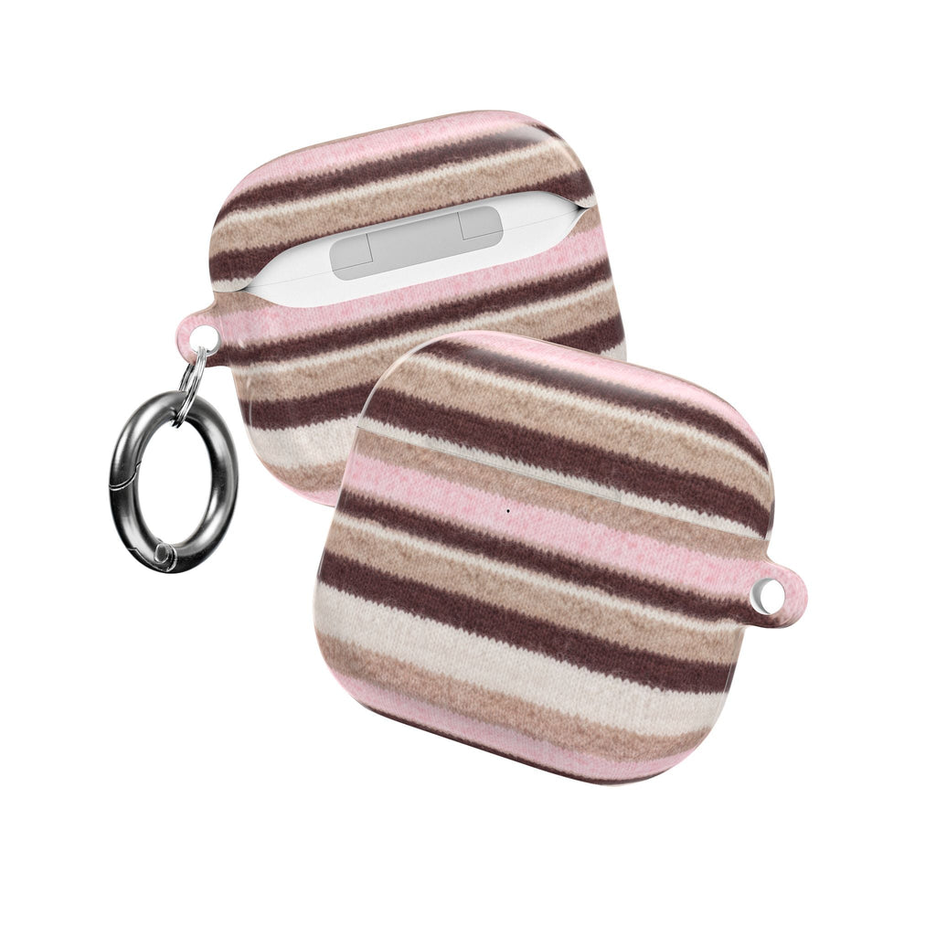 Pink and tan horizontal striped AirPods case with dark brown bands; front view with keyrings