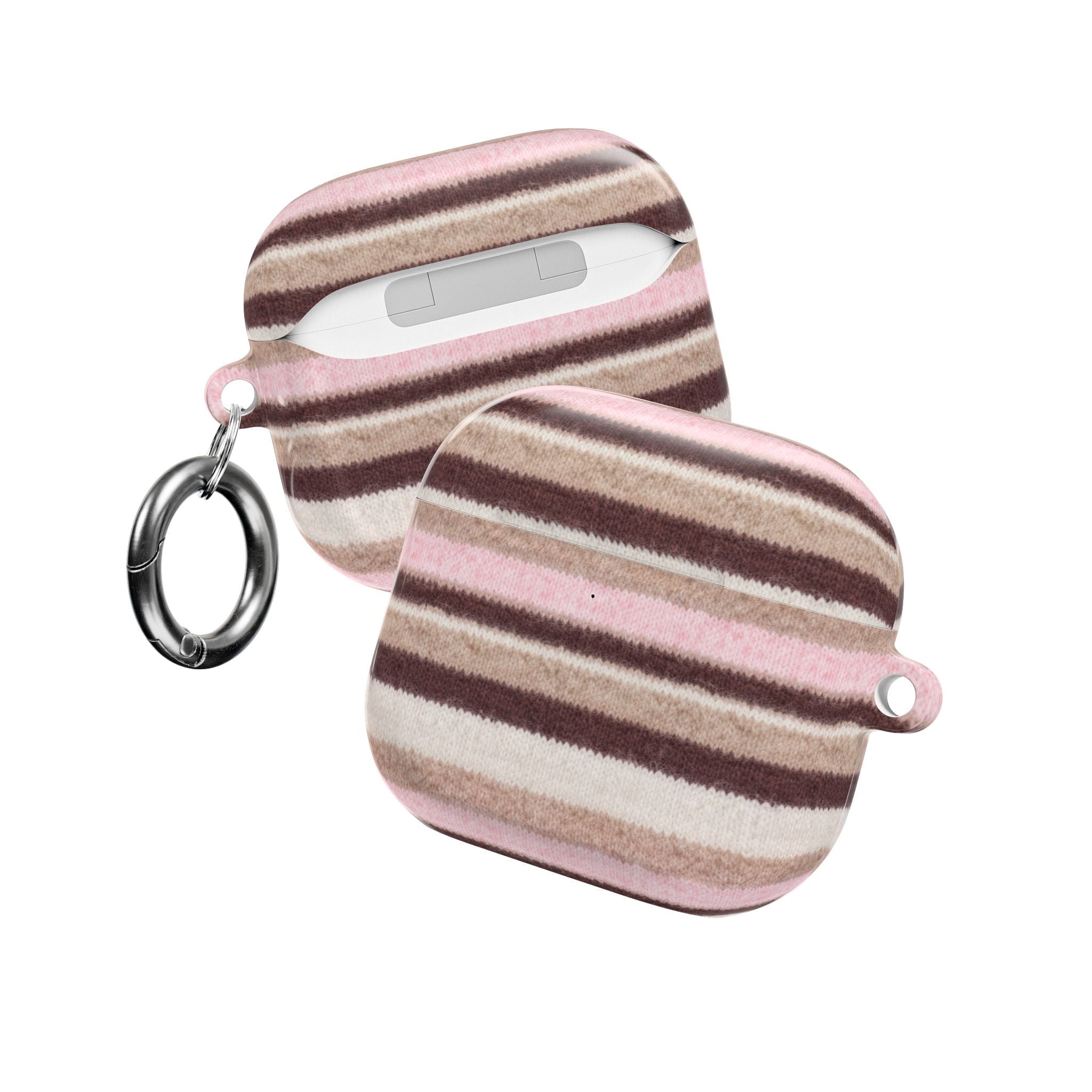 Pink and tan horizontal striped AirPods case with dark brown bands; front view with keyrings
