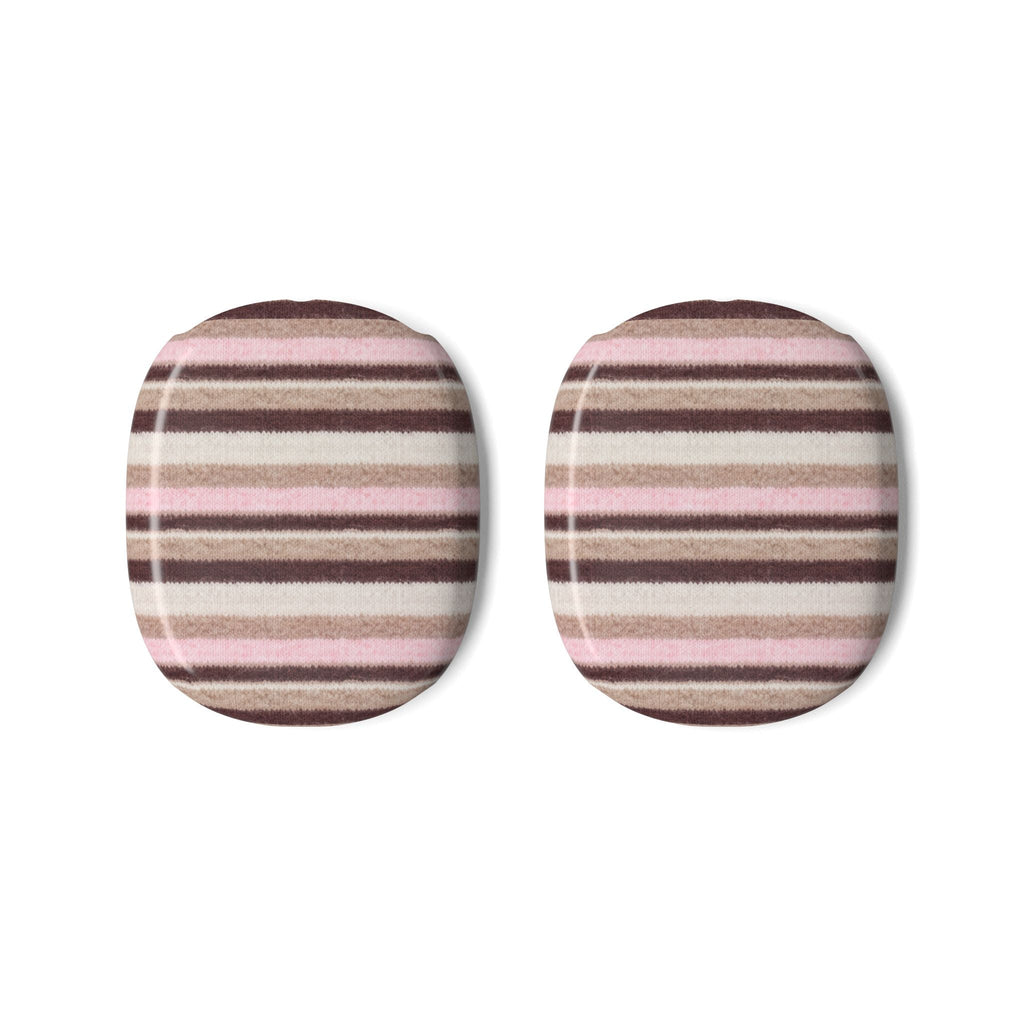 Pair of AirPods Max case covers, oval striped fabric: pink, cream, and brown bands