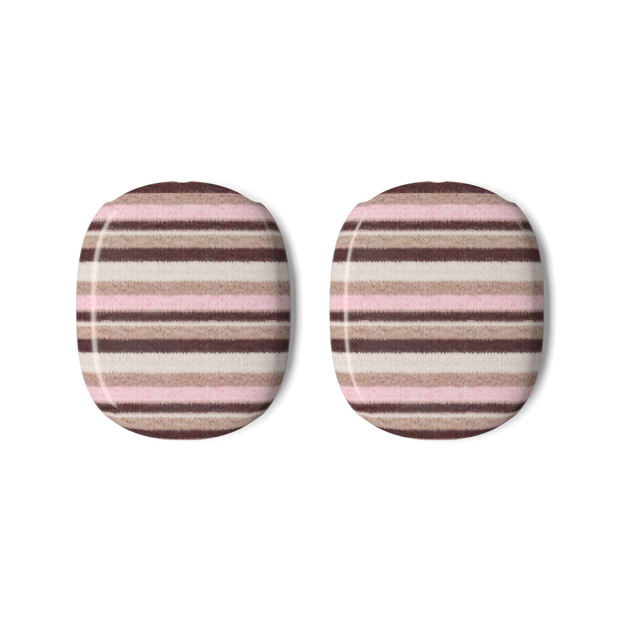 Pair of AirPods Max case covers, oval striped fabric: pink, cream, and brown bands