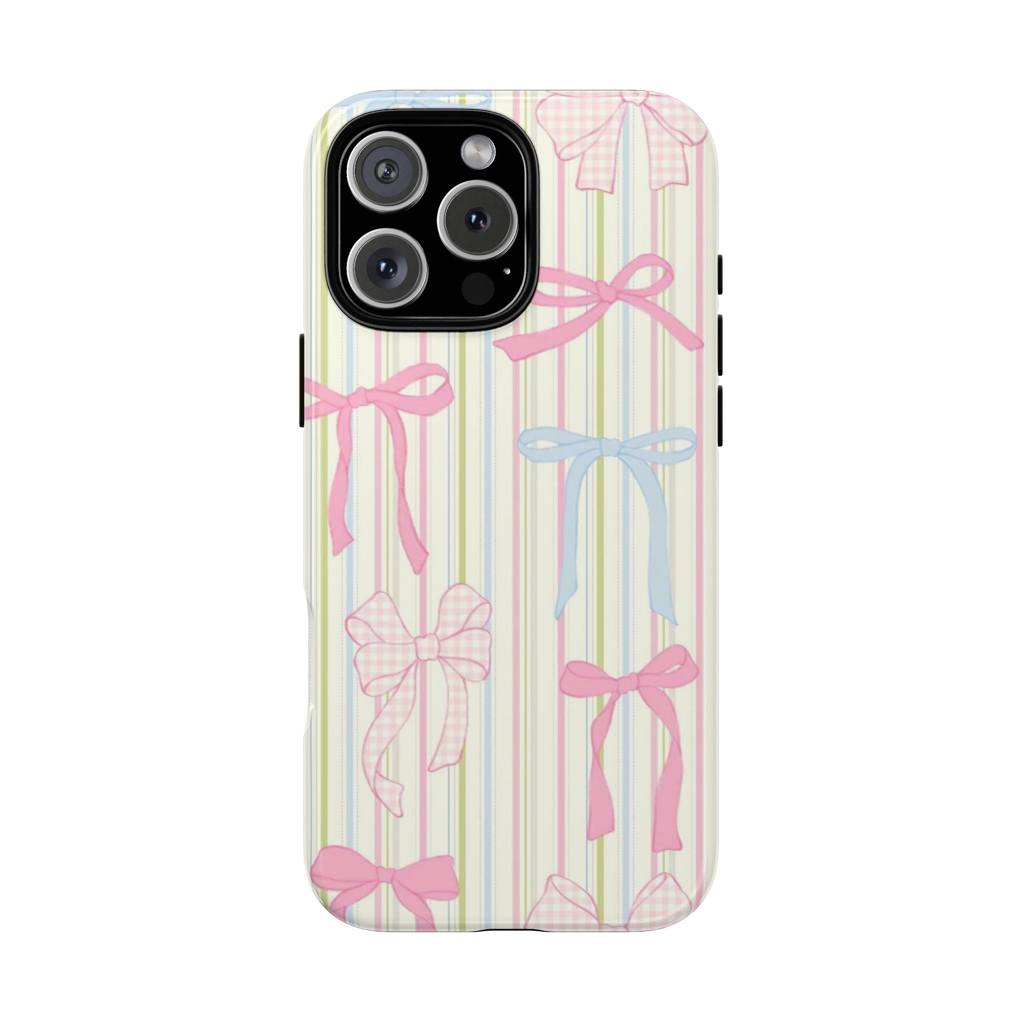 Pastel striped phone case with pink and blue ribbon bows and bow accents