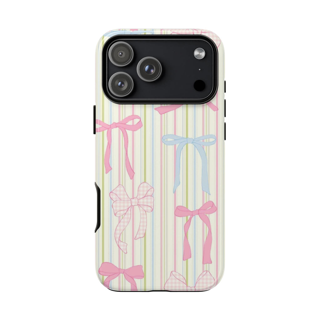 Pastel striped phone case with pink and blue ribbon bows, raised camera cutout