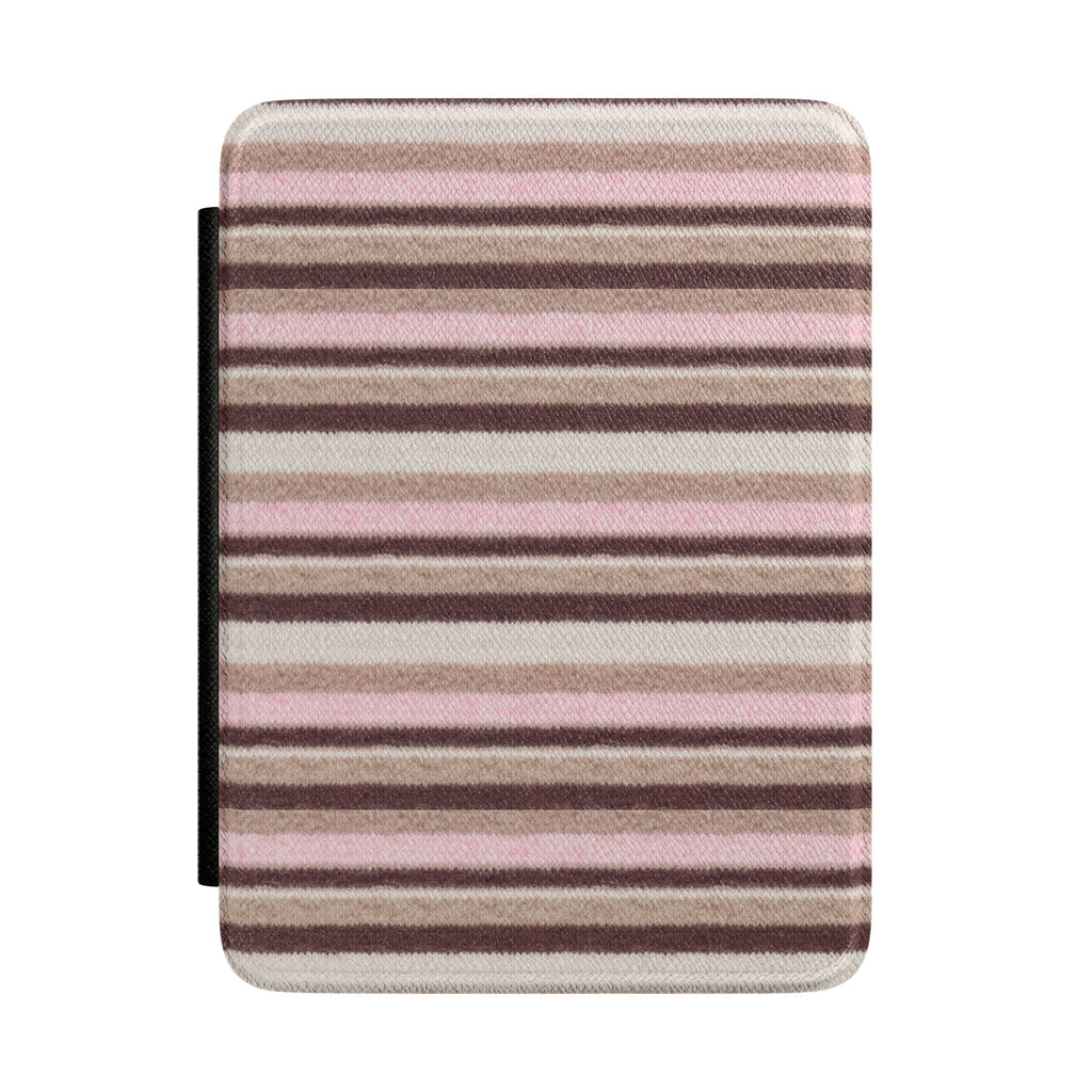 Striped hardcover Kindle case with horizontal bands in cream, pink, and dark brown