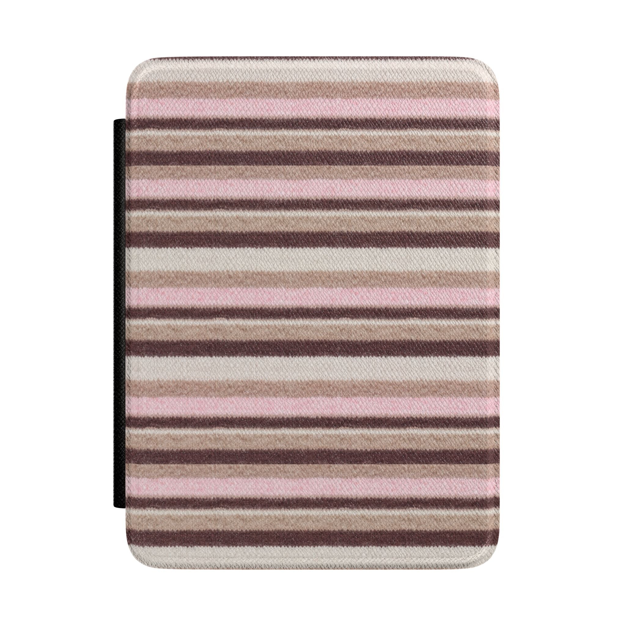 Striped hardcover Kindle case with horizontal bands in cream, pink, and dark brown