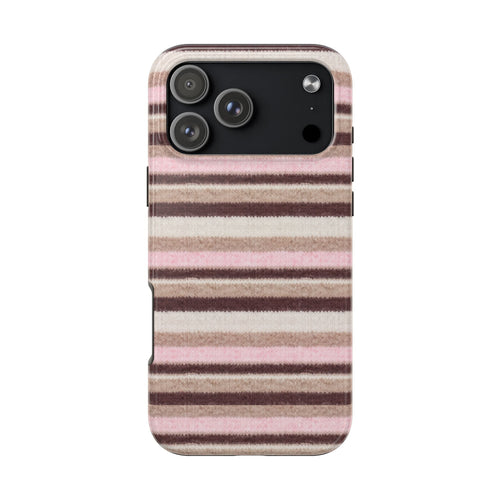 Phone case back with pink-beige-dark brown striped fabric and raised camera cutout