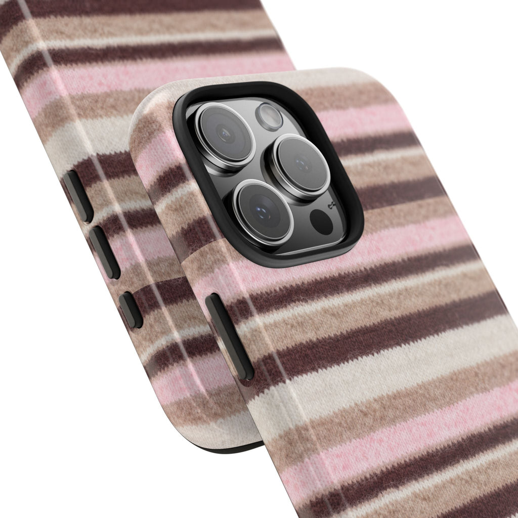 Striped phone case with pink, beige, and dark brown bands; side button cutouts