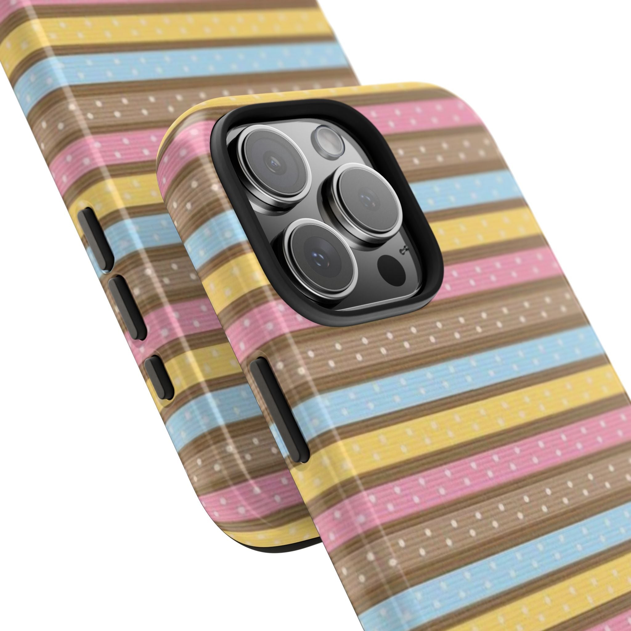 Close view of multicolor striped phone case with polka dots and raised camera bezel