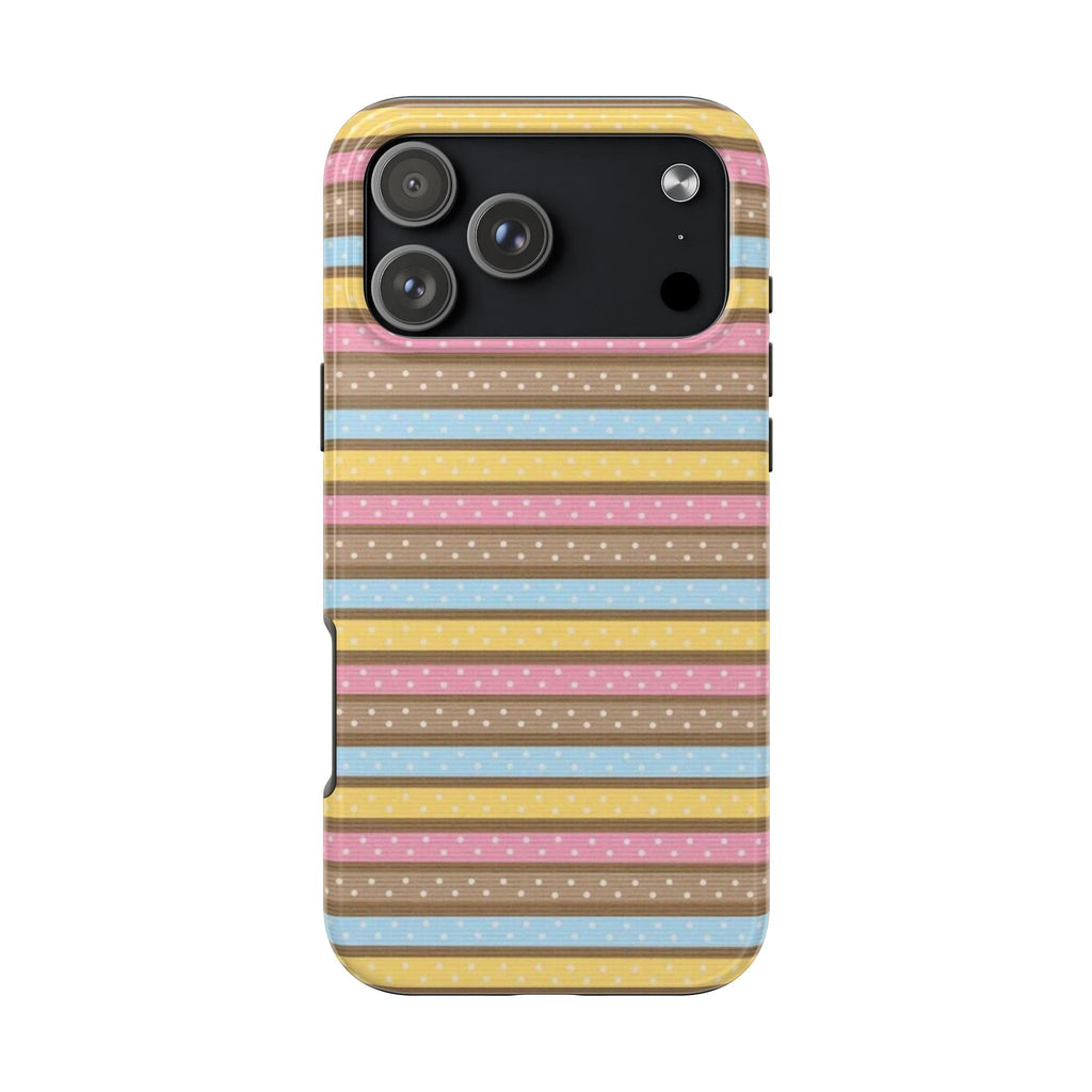 Multicolor striped phone case with small white dot accents and camera cutouts