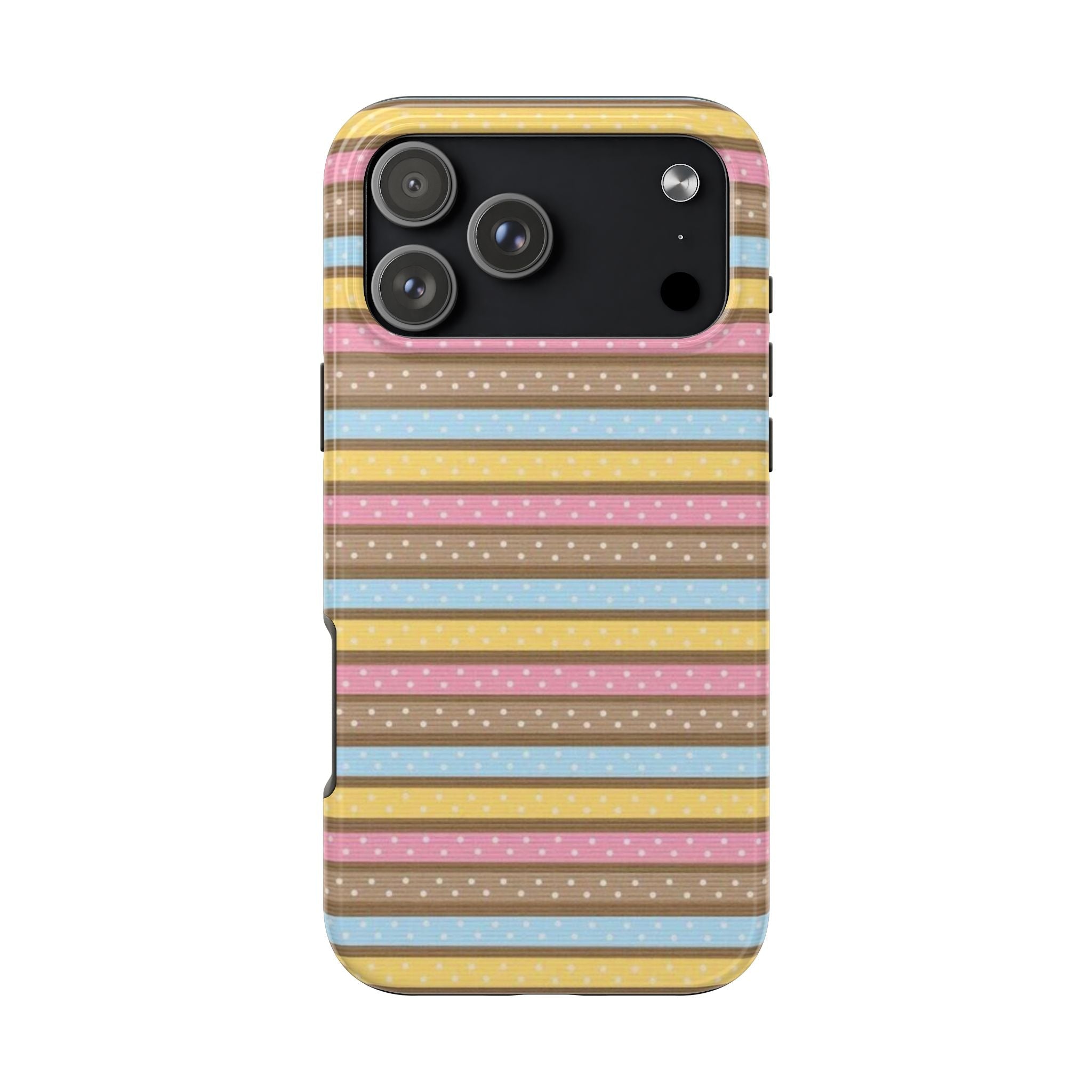 Multicolor striped phone case with small white dot accents and camera cutouts