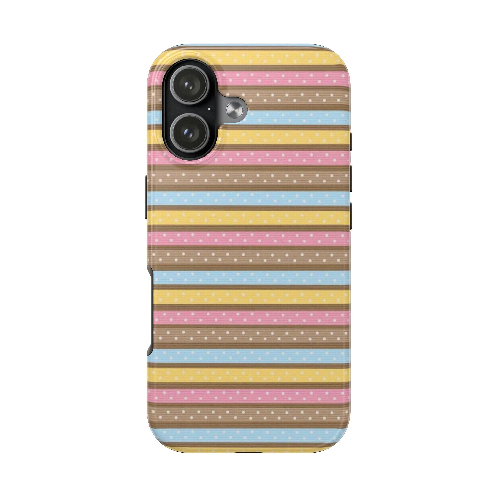 Phone case featuring brown, pink, yellow, and blue stripes with white polka dots