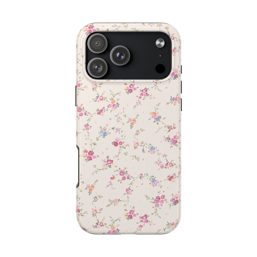 Pastel floral phone case with cutout camera area and slim profile.