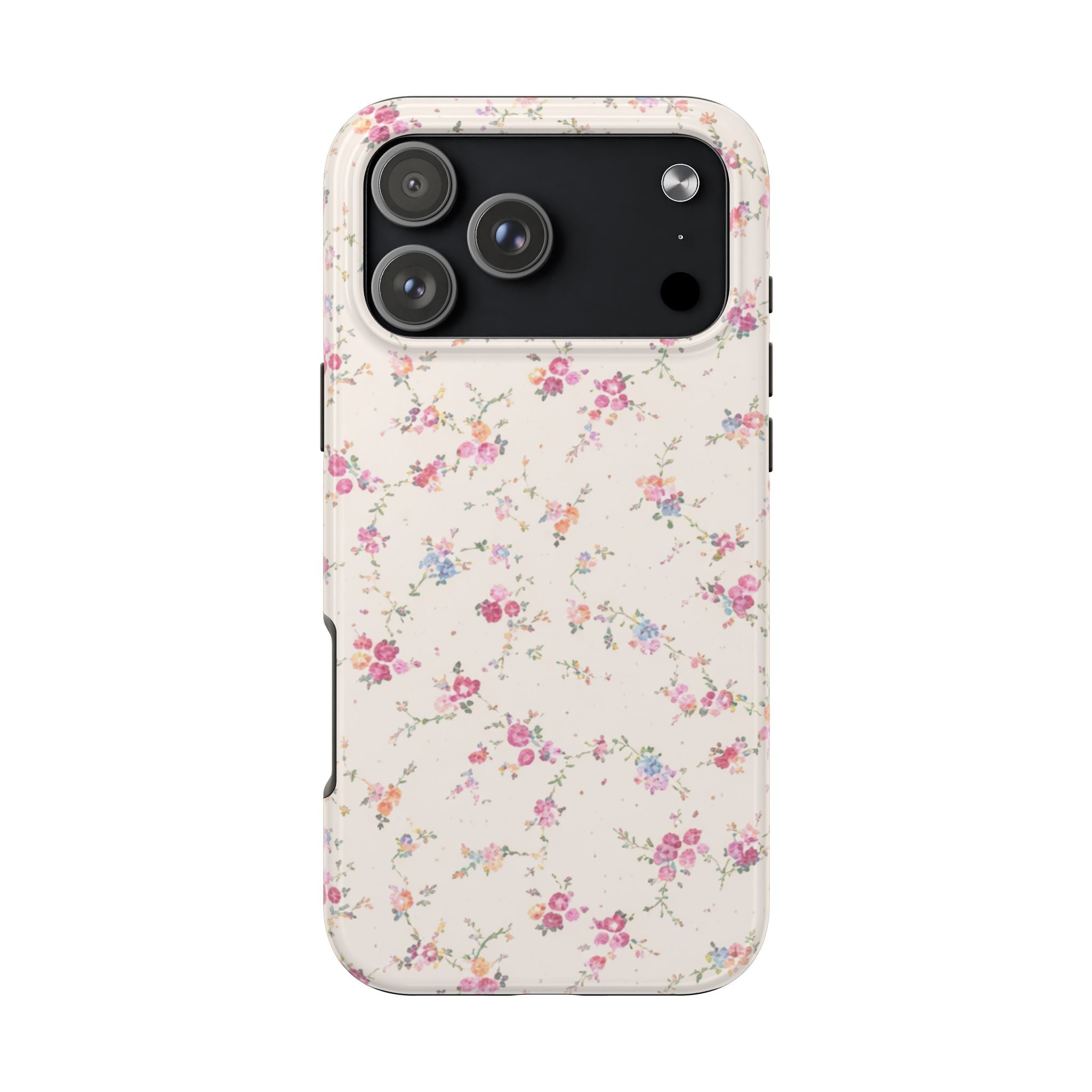 Pastel floral phone case with cutout camera area and slim profile.