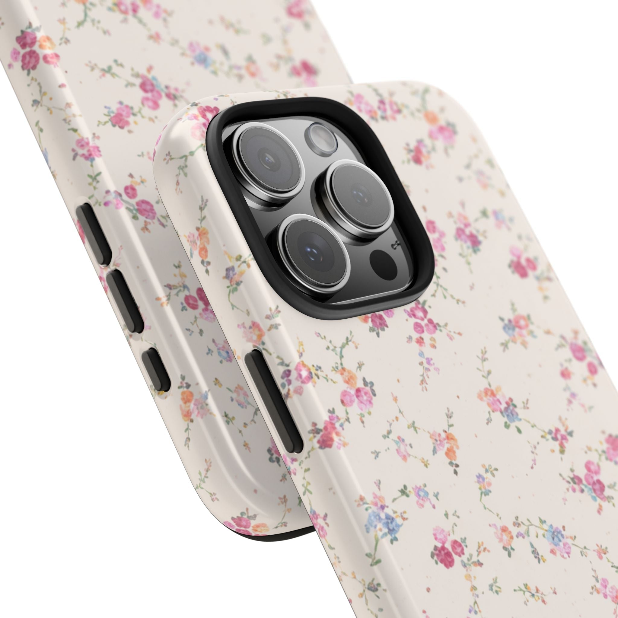 Floral phone case side view with button cutouts and camera lens cover.