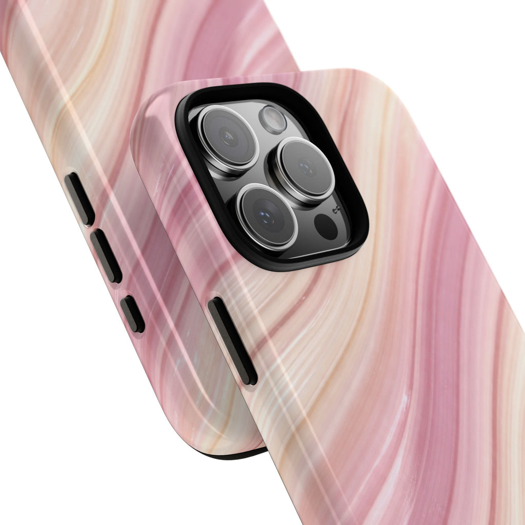 Pink wave phone case angled view with lens cutouts and side grip openings