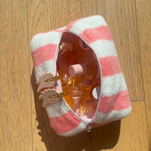 Coral & white striped plush zip pouch, open front with animal zipper pull