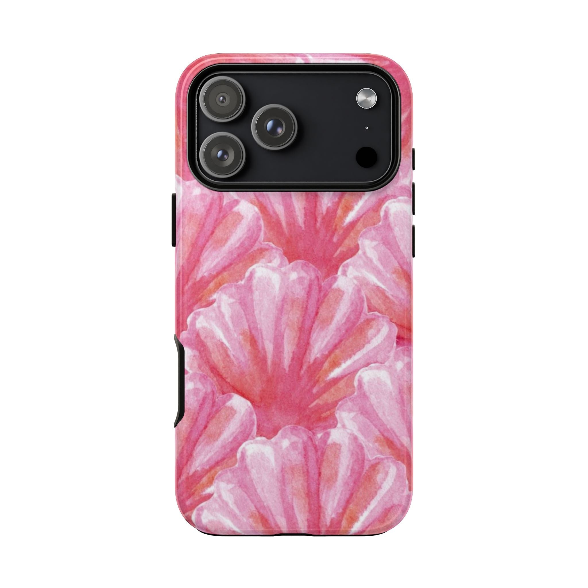 Pink and white coral shell phone case, back view with side button cutouts