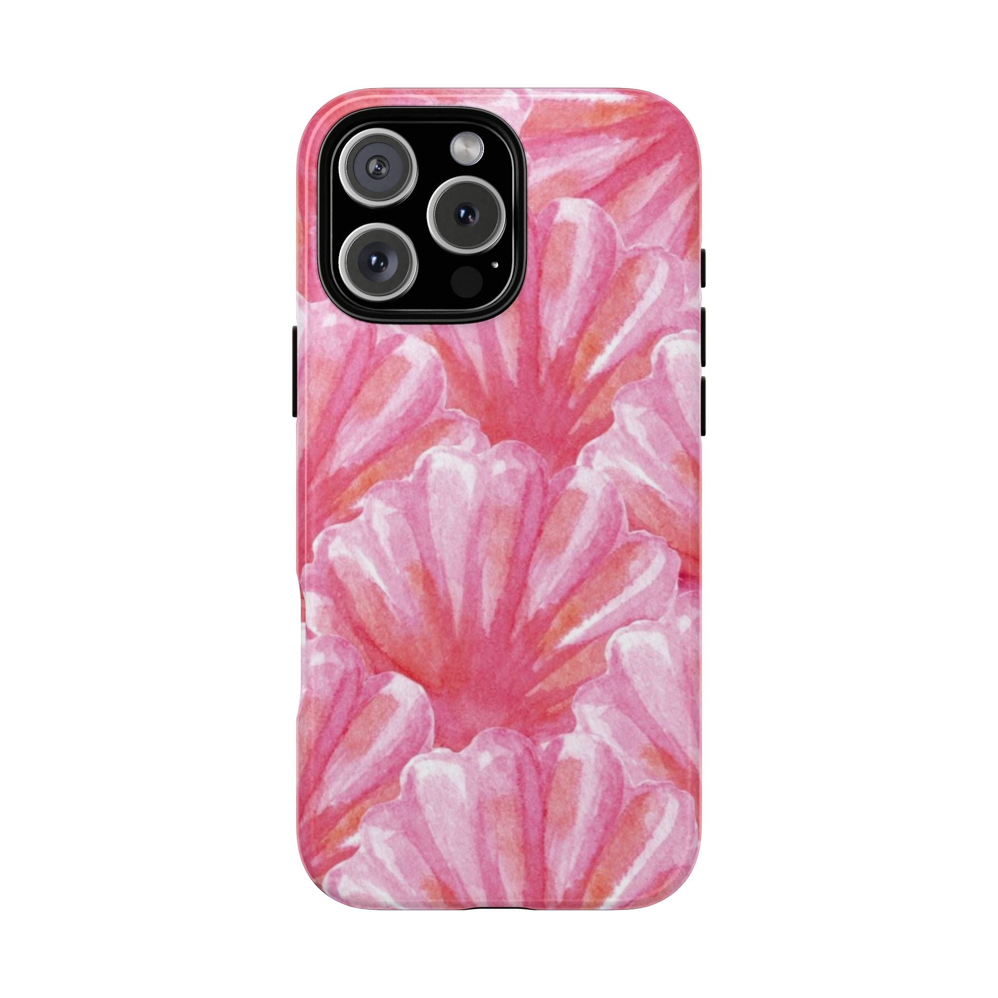 Pink coral shell print phone case with raised camera cutout and black bezel