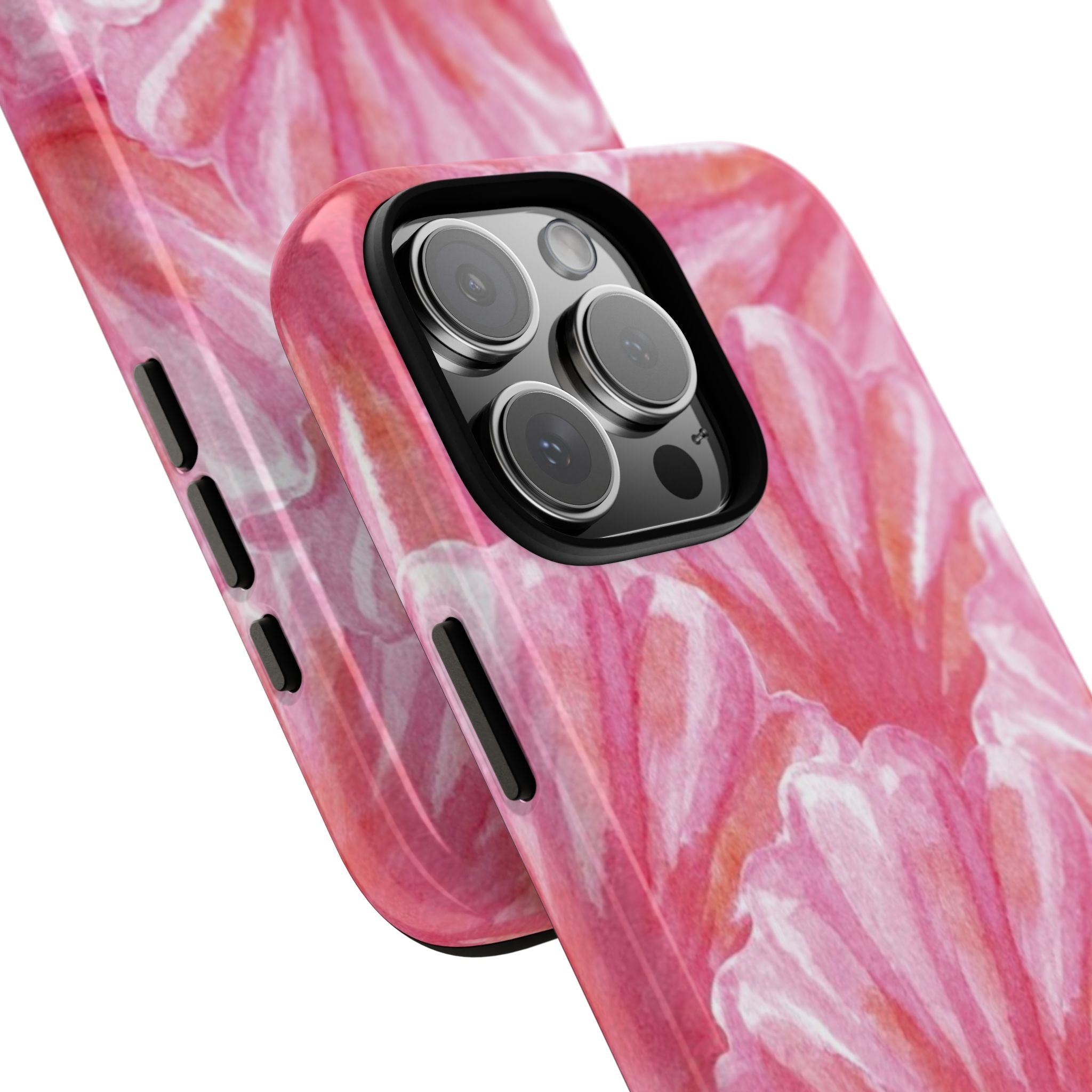 Angle view of pink coral shell phone case with camera lenses and side slots