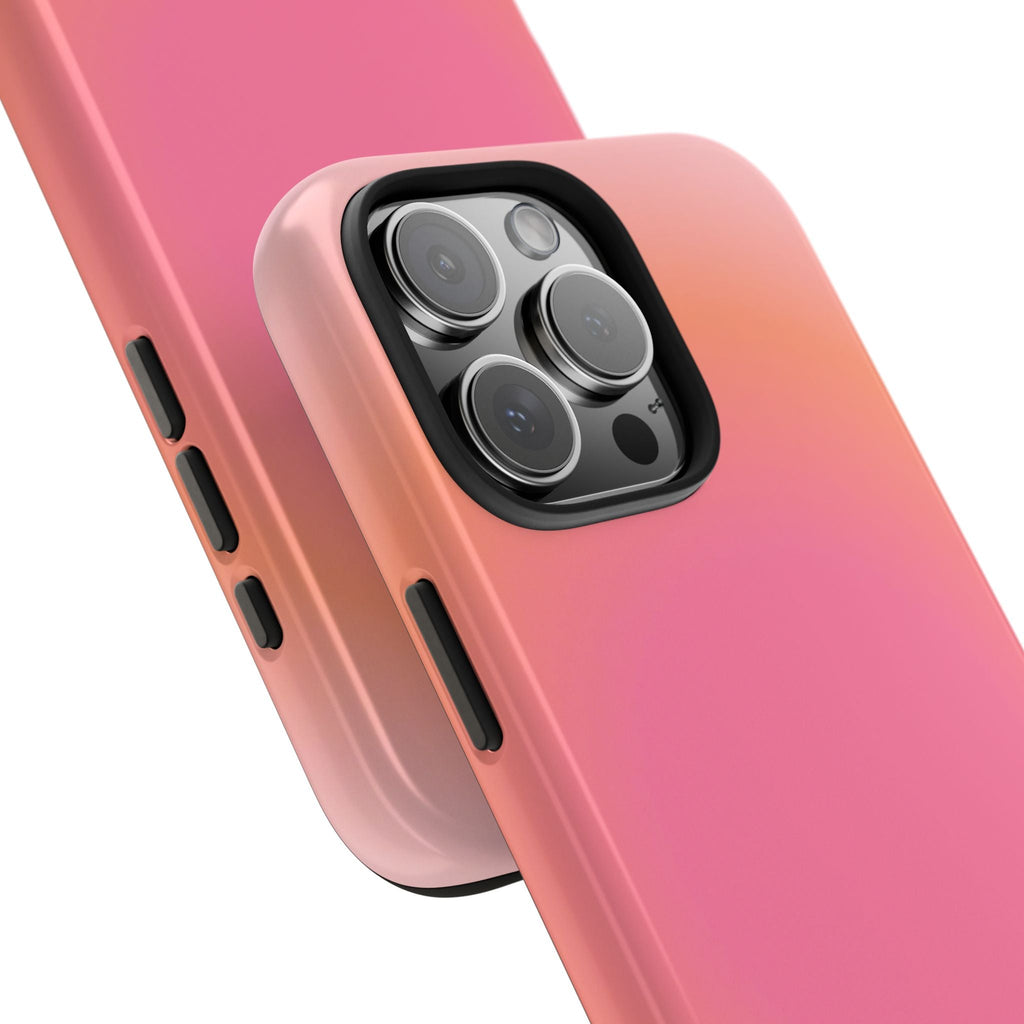 Coral orange aura phone case, side buttons and raised camera bezel detail