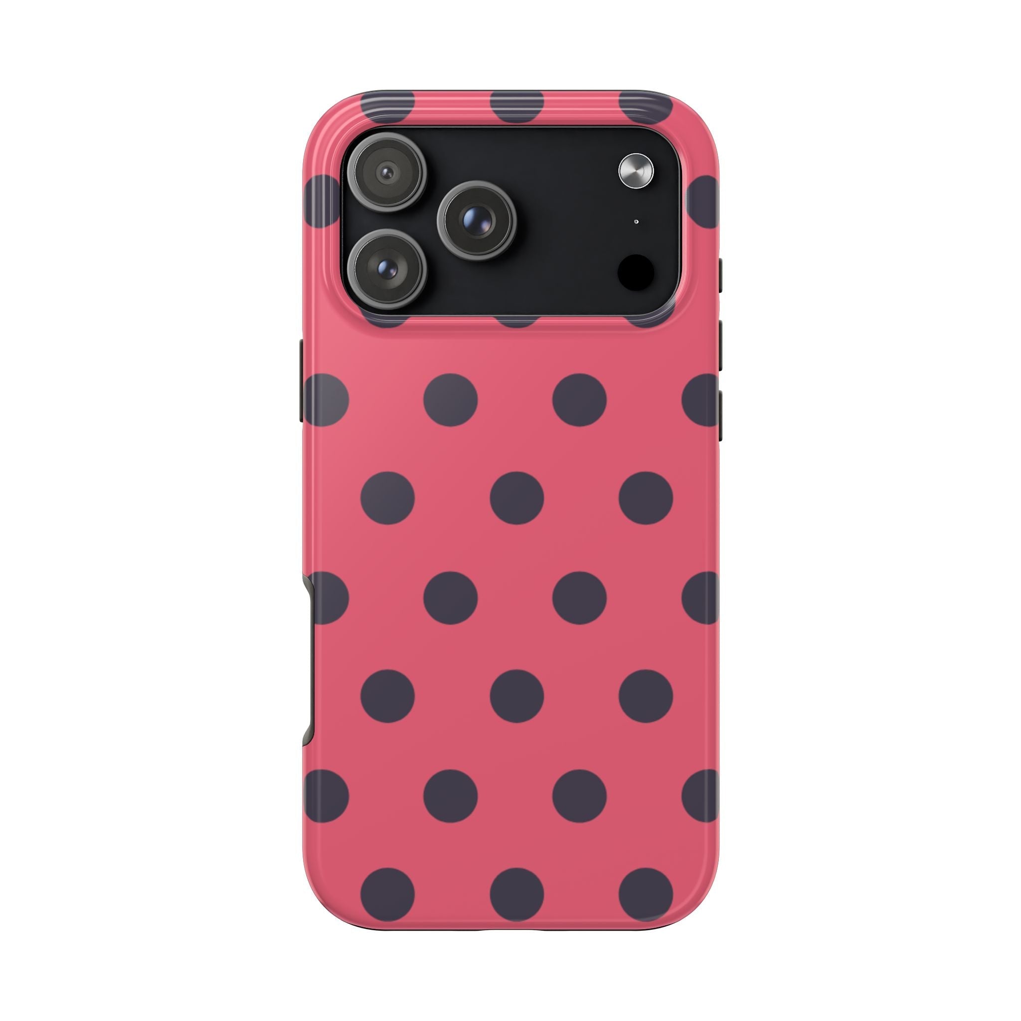 Coral pink phone case with dark polka dot pattern and raised camera protection